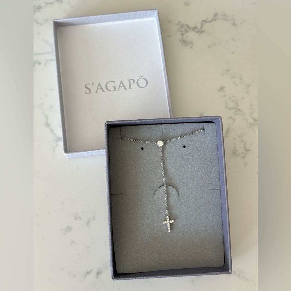 S’AGAPÕ Silver Diamond Cross Drop Necklace